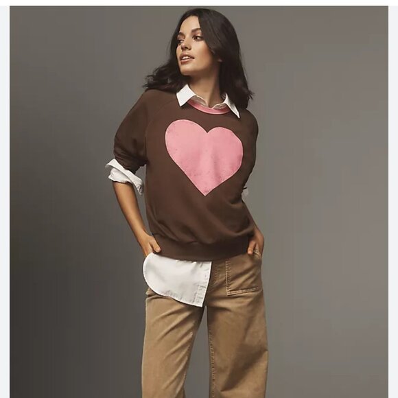 Anthropologie Letluv Heart Ringer‎ Brown Graphic Sweatshirt Size XS NEW WITH TAG - Picture 1 of 4